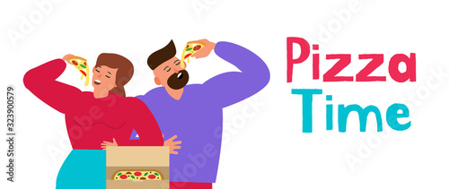 man and woman eat tasty pizza vector illustration