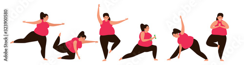 overweight woman doing exercises on white background set weight loss concept
