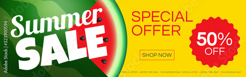 summer sale special offer horizontal banner  design with watermelon on yellow background