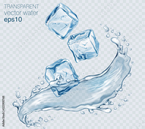 Transparent vector water splash with ice cubes and wave on light background