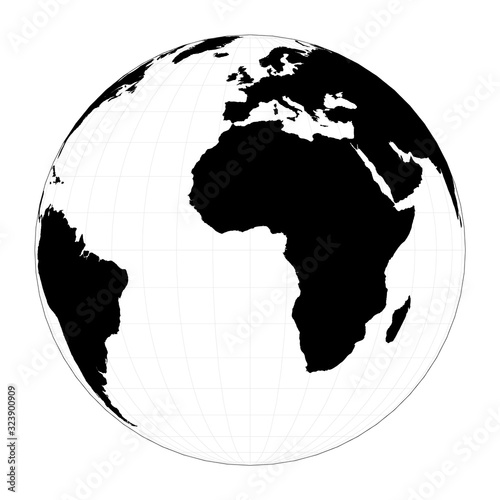 World shape. Orthographic projection. Plan world geographical map with graticule lines. Vector illustration.