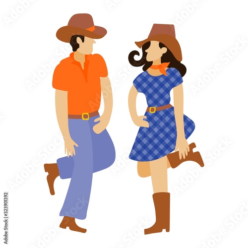 Obraz na płótnie Funny cartoon cowboy and cowgirl dancing in hats and boots in a flat style. Vector illustration isolated on white background for poster design for competition, festival, dance school. w salonie