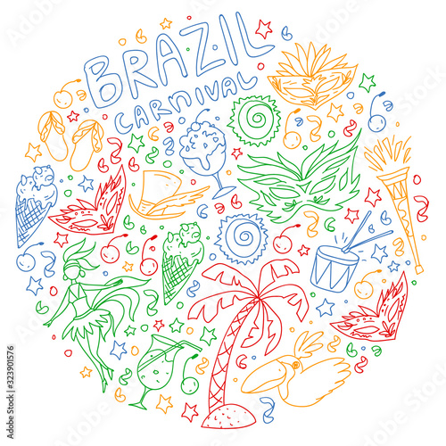 Brazilian vector pattern with palm, beach, sea, carnival. Brazil icons for posters and banners.