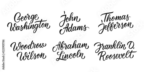 George Washington, John Adams, Thomas Jefferson, Woodrow Wilson, Abraham Lincoln, Franklin D. Roosevelt. American presidents lettering set. Creative typography for your design. Vector illustration.
