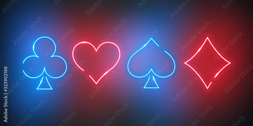 Neon colored symbols deck of playing cards for poker and casino on black background. Clubs, diamonds, hearts and spades. Set of bright neon signs. Vector illustration.