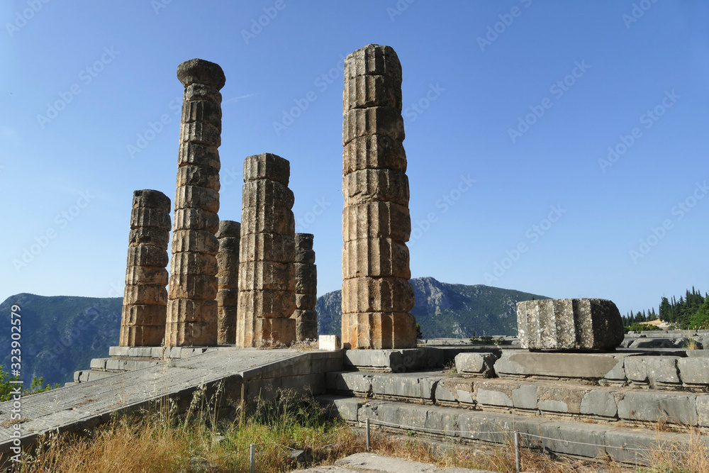 Temple of Apollo columns detail, Ancient Greek archaeological site Delphi, Greece