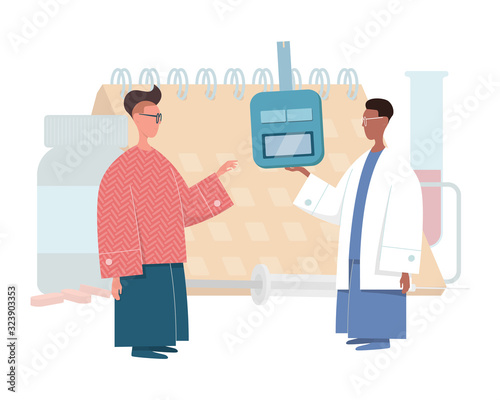 Flat illustration with diabetic patient and doctor holding glucometer.