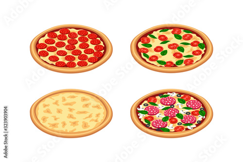 Tasty isometric pizza set. Four cheese, margherita, pepperoni isolated on white background. 3d traditional italian fast food icon collection. Flat vector illustration for web, advert, menu