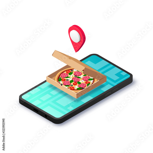 Online fast food delivery service 3d concept. Isometric pizza in box with map pointer on smartphone screen with city map isolated. Vector illustration for web, advert, italian menu, mobile app
