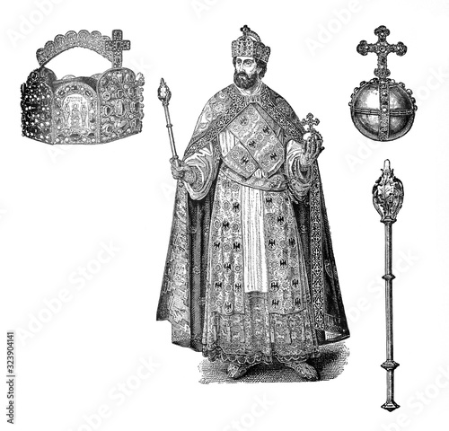 Emperor with Cross-bearing orb or imperial orb collection /Antique engraved illustration from Brockhaus Konversations-Lexikon 1908 photo