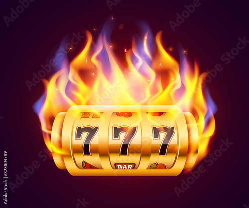 Burning slot machine wins wins the jackpot. Fire casino concept. Hot 777