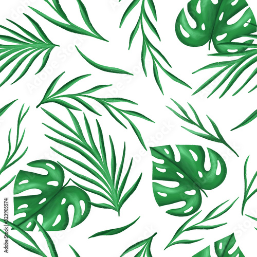 Fototapeta Naklejka Na Ścianę i Meble -  Jungle leaf branch seamless pattern on white background. Isolated elements. Illustration for textile, restourants, flower shops.