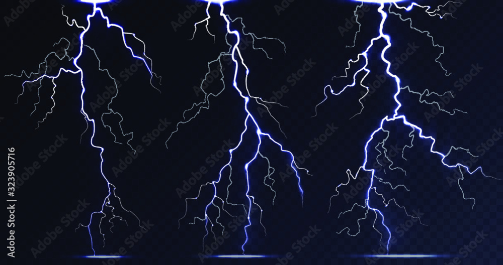 Set of realistic lightning for design. Storm. Bright effects. Vector illustration
