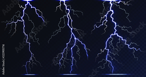 Set of realistic lightning for design. Storm. Bright effects. Vector illustration