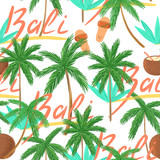 Bali island seamless pattern on white background. Palm. coconut. Isolated elements. Illustration for textile, restourants, flower shops. 