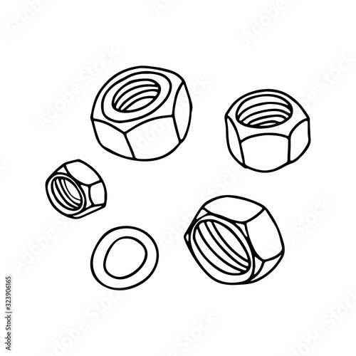 Nuts for hex bolts in doodle style. Isolated outline. Hand drawn vector illustration in black ink on white background.