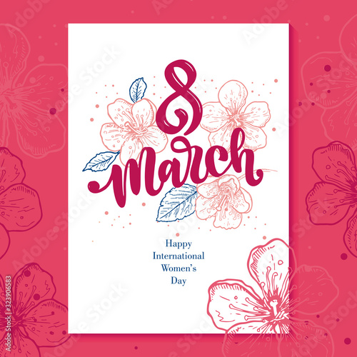 8 march. Happy international women’s day. Floral flat square frame template with text space. Flat flowers and leaves in scandinavian style. Spring holiday greeting card layout. Vector cards template