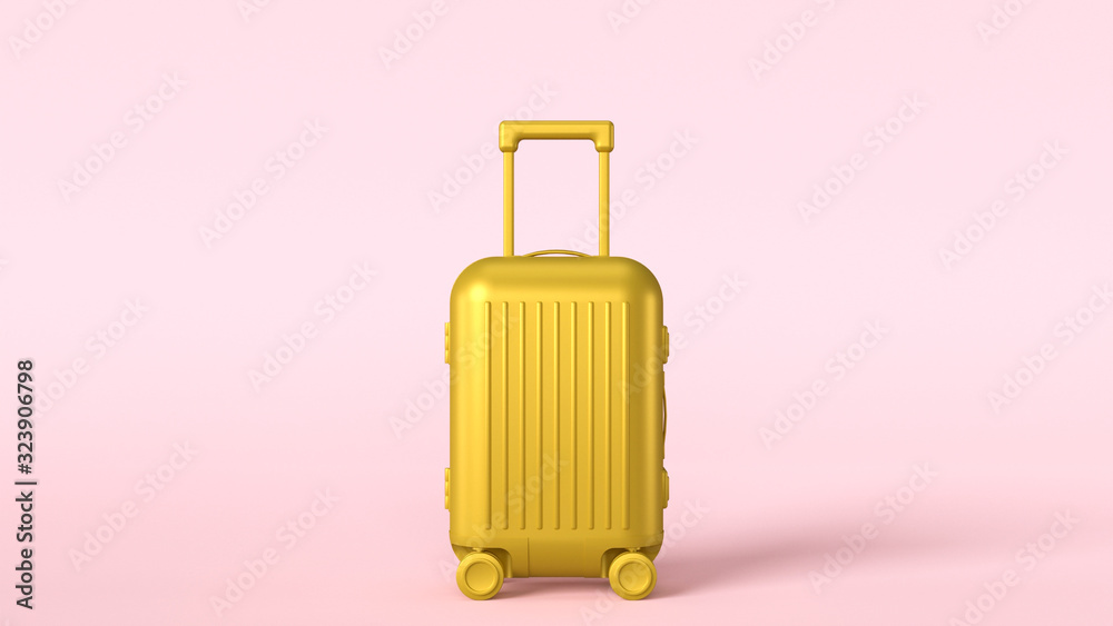 Gold baggage trolley on pink background, luggage concept, 3d illustration. Cabin size suitcase travel bag, pink, gold feminine colors, summer vacation concept, modern background. Traveling luggage. Gold baggage trolley on pink background, luggage concept, 3d illustration. Cabin size suitcase travel bag, pink, gold feminine colors, summer vacation concept, modern background. Traveling luggage.