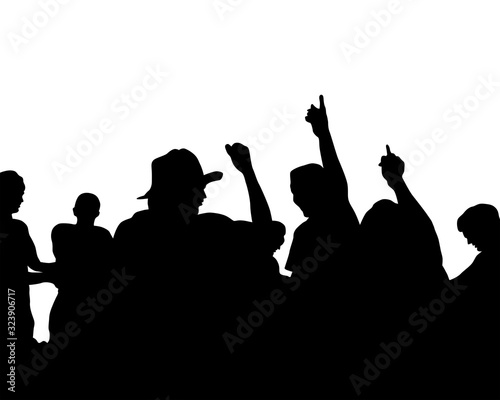 Crowd of spectators at a concert with their hands up. Isolated silhouette on a white background