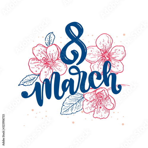 8 march. Happy international women’s day. Floral flat square frame template with text space. Flat flowers and leaves in scandinavian style. Spring holiday greeting card layout. Vector template