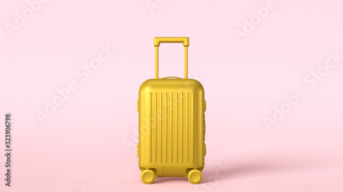 Gold baggage trolley on pink background, luggage concept, 3d illustration. Cabin size suitcase travel bag, pink, gold feminine colors, summer vacation concept, modern background. Traveling luggage.
