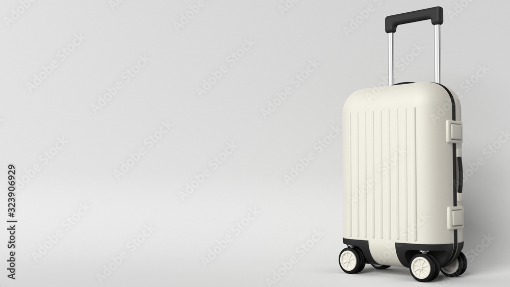 White luggage bag on grey background with space for text, perspective view.  Traveling modern concept, monochrome black and white colors, stylish  fashion suitcase form, cabin size, minimalist travel. Stock-Foto | Adobe  Stock