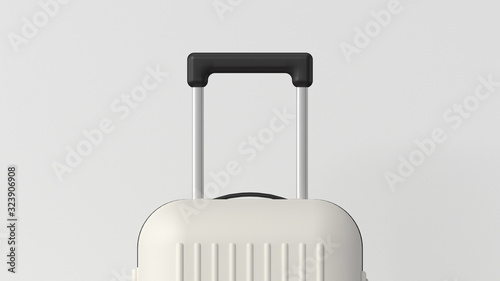 Luggage bag closeup background, travel minimalist concept in classic black and white colors. Baggage cabin size trolley, grey blank background with space for text, vacation trip, luggage suitcase.