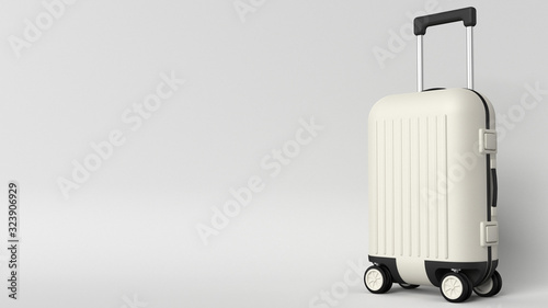 White luggage bag on grey background with space for text, perspective view. Traveling modern concept, monochrome black and white colors, stylish fashion suitcase form, cabin size, minimalist travel. 