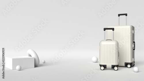 White luggage set on white background, studio room, geometric shapes, minimalist travel concept. Baggage accessory suitcase in different sizes, hard plastic cover, handle, wheel design, luggage mockup