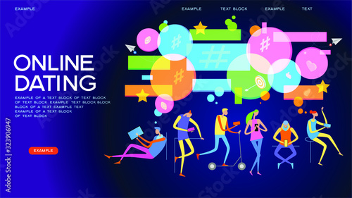 Social media concept. Relationship between persons. People sharing information via social media platforms. Online dating and networking concept. Flat vector illustration