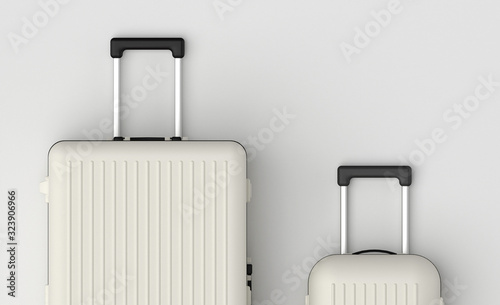 Travel luggage set, big and small suitcase, baggage set in black and white classic colors, front view. Journey traveling luggage design, modern style, tourism background. Plastic suitcases, carry on. photo