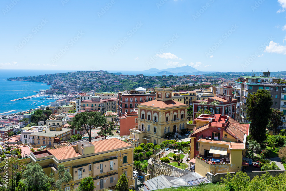 Aerial view from hilltop over Naples, Italy. View on Old Town of Naples from Castel Sant'Elmo. Sunny spring day.