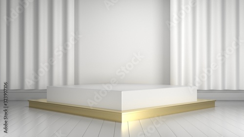 White and Gold 3D rendering background can be used for banner design background and items placed background