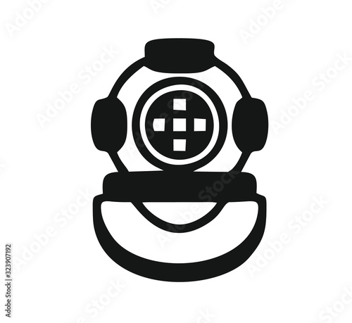 Vintage dive helmet in black and white isolated vector for logo, sign, apps and websites