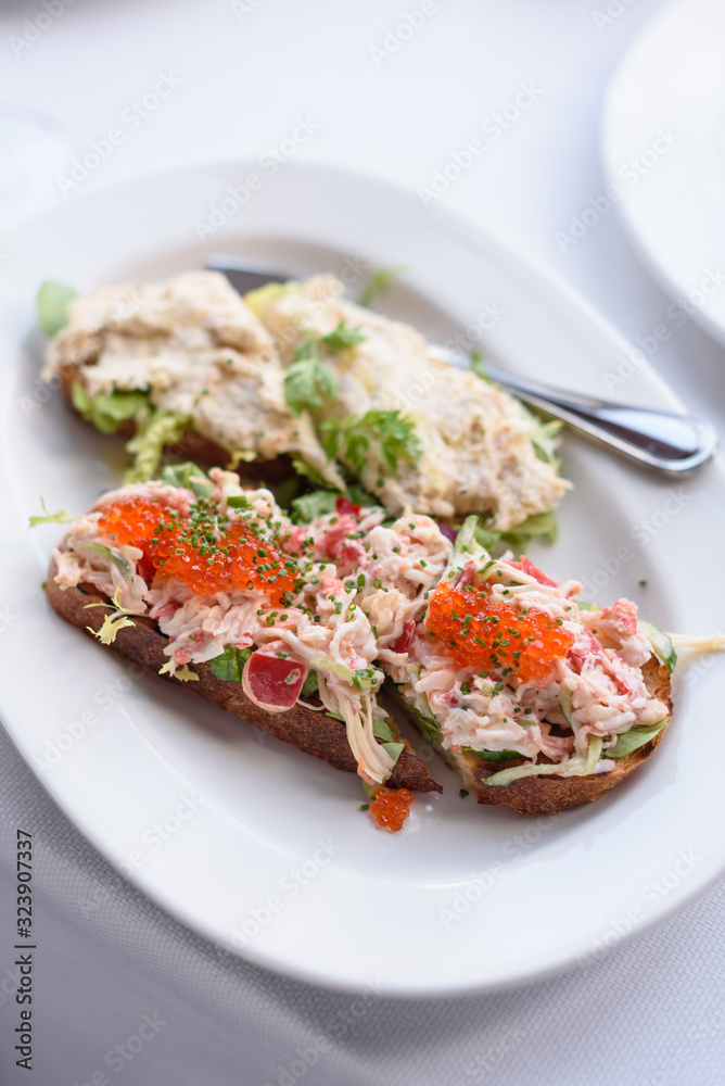 Spicy Crab Bruschetta Toast with Salmon Roe Spicy Crab Bruschetta Toast with Salmon Roe