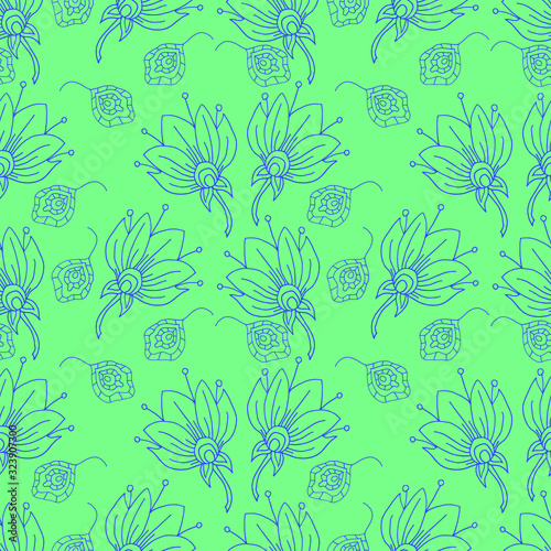 Blue flower on lime green background floral seamless pattern. Design element for textile, fabrics, scrapbooking, wrapping, wallpaper and etc.. © Ivan Zhovanick