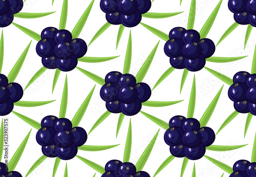 Seamless pattern with ripe acai berries, leaves. Brazilian superfruit. Euterpe oleracea. Superfood for healthy life. Dietary supplement. Repeating background for header, label, package. Vector, eps10