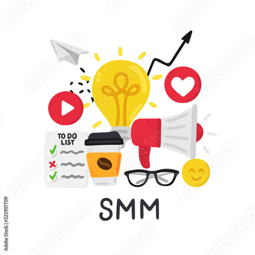 Vector smm elements. Social Media Marketing. Reach and promotion among target audience. Concept is for banner, advertising, mailing list, website, training presentation for marketers, posts, poster
