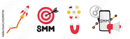 Vector set of smm concepts. Social Media Marketing. Reach and promotion among target audience. Elements is for banner, advertising, mailing list, website, training presentation for marketers, posts