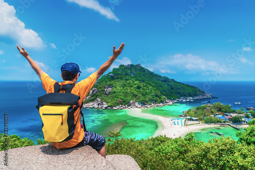 Outdoor adventure man traveler on top island joy fun beautiful nature scenic landscape vacation beach Koh Nang Yuan Attraction landmark tourist travel Thailand summer holiday, Tourism destination Asia photo