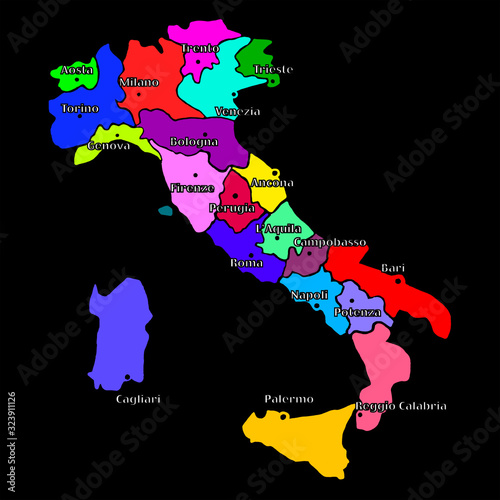 Map of Italy bright graphic illustration. Handmade drawing with map. Italy map with Italian major cities and regions. Colorful bright illustration © innabelavi