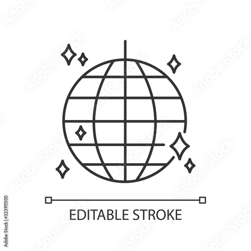 Disco ball pixel perfect linear icon. Thin line customizable illustration. Night club party, nightclub entertainment, discotheque contour symbol. Vector isolated outline drawing. Editable stroke