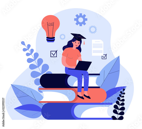 Student girl wearing graduation cap, studying with laptop. Young woman sitting on stack of books, getting knowledge online. Vector illustration for e-learning, internet course, school concept