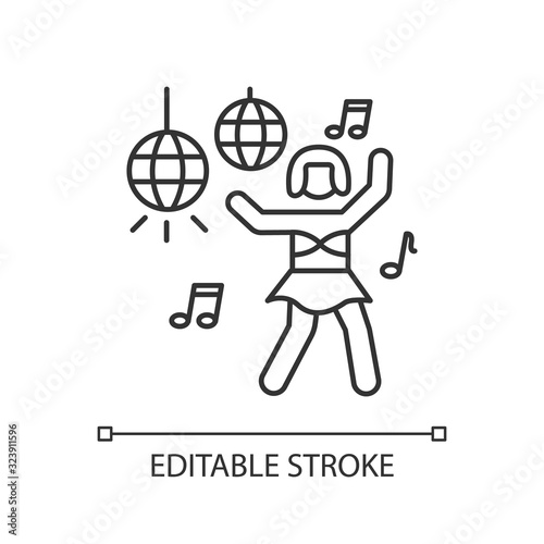 Go go dancer pixel perfect linear icon. Thin line customizable illustration. Trendy night club recreation, rave party contour symbol. Vector isolated outline drawing. Editable stroke