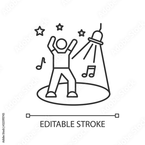 Discotheque pixel perfect linear icon. Thin line customizable illustration. Night club recreation contour symbol. Young clubber on dance floor vector isolated outline drawing. Editable stroke