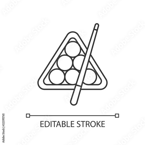 Billiards pixel perfect linear icon. Thin line customizable illustration. Pub game, entertainment, leisure activity contour symbol. Vector isolated outline drawing. Editable stroke