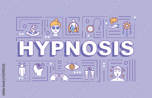 Hypnosis word concepts banner. Hypnotherapy. Subconsciousness. Infographics with linear icons on violet background. Isolated typography. Vector outline RGB color illustration