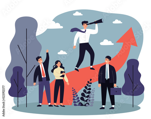 Group leader with spyglass looking far away. Business team standing near increase chart. Vector illustration for leadership, challenge, training, planning concept