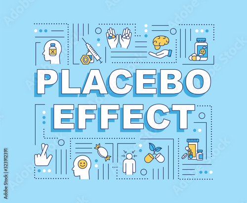 Placebo effect word concepts banner. Fake treatment. Belief influence. Infographics with linear icons on baby blue background. Isolated typography. Vector outline RGB color illustration