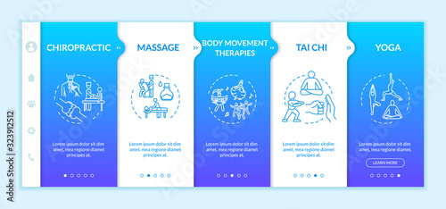 Complementary medicine onboarding vector template. Responsive mobile website with icons. Chiropractic, therapeutic massage, tai chi and yoga webpage walkthrough step screens. RGB color concept